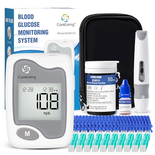 CareLiving Blood Glucose Monitor Kit, 50 Test Strips, 50 Lancets, 1 Blood Glucose Meter, 1 Lancing Device, Diabetes Testing Kit, Portable Blood Sugar Test Kit, Glucometer Kit for Home