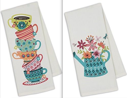 DII Design Imports French Country Cottage Tea Cups and Floral Water Can Printed Dishtowels Set of 2