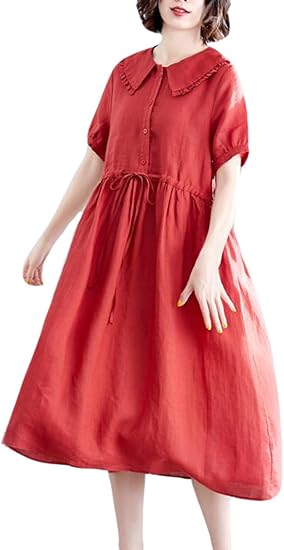 Amazon Piite ドレス ロング レディース 綿麻ワンピース 夏 ゆったり 通気ワンピース カジュアル フレアワンピース おしゃれ 体型カバー 着痩せ ドレス 亜麻ワンピース 韓国風 かわいい ワンピース チュニック 通販