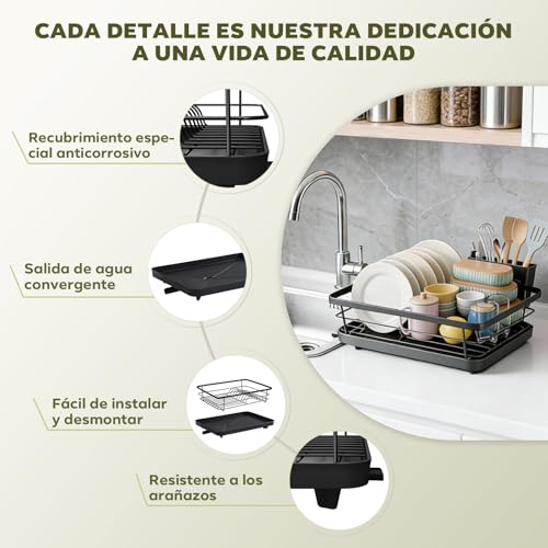 Ribech Compact Black Dish Drying Rack – Dries Tableware and Cutlery, Space Saving in Small Kitchens, with 360° Drain to the Sink, Stainless Steel, 30.5 x 38 x 12.5 cm