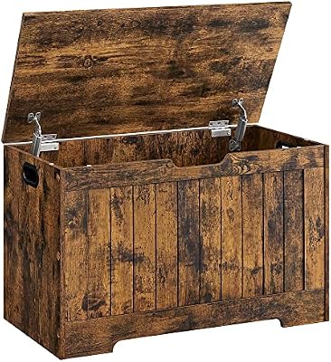 Baúl Almacenaje, Banco para Entrada con 2 Bisagras de Seguridad, Estilo Rústico, 40 x 76 x 48 cm, para Pasillo, Dormitorio, Salón, Marrón Rústico LHS011T01