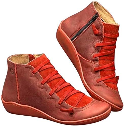 Taloit 2019 New Arch Support Boots Women’s Autumn Winter Casual Ankle Boots Fashion Lace-up Side Zip Vintage Booties Waterproof Comfortable Flat Heel Arch Support Round Toe Shoes