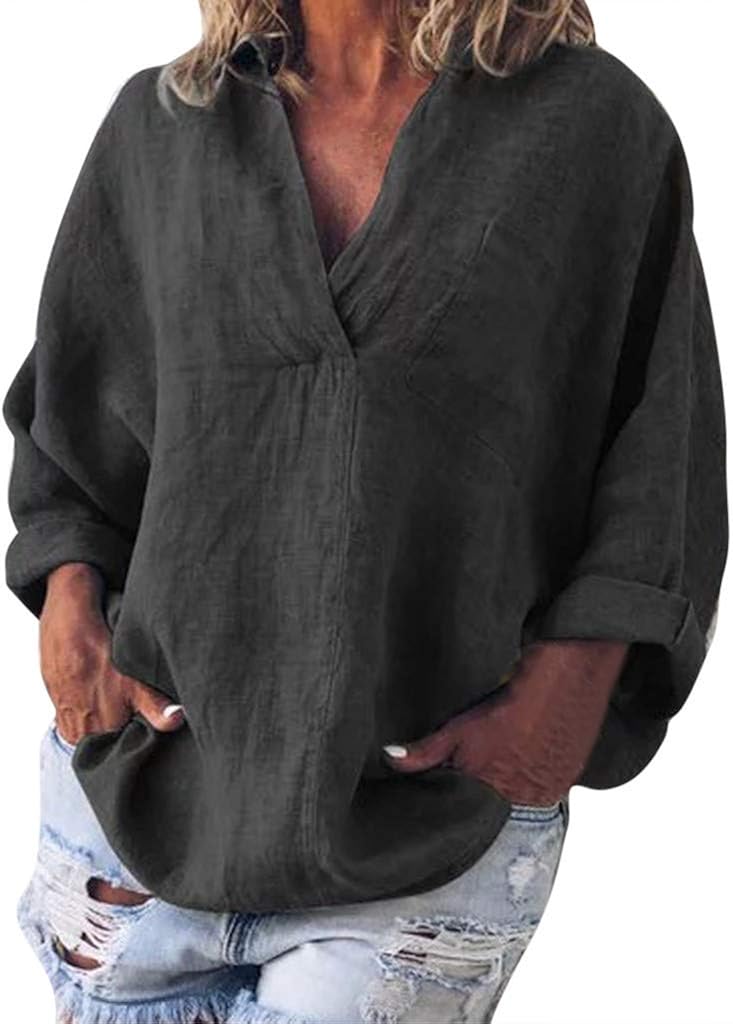 Aniywn Women V-Neck Linen Blouse T-Shirt Loose Solid Simple Pullover Top
