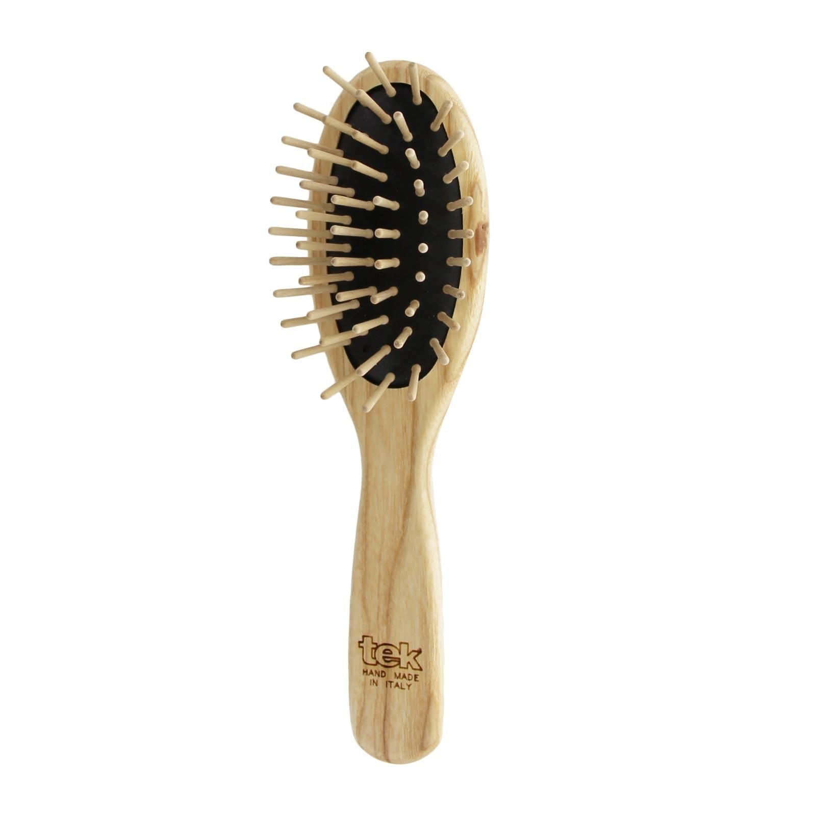 TEK – Small Oval Wooden Hair Brush with Short Rounded Pins in Natural Ash Wood, Handmade in Italy – Ideal for Styling and Detangling Fine or Delicate Hair – Compact and Travel-Friendly