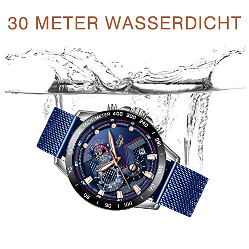 LIGE - Reloj de pulsera analógico para hombre, resistente al agua, de acero inoxidable, cuarzo, con cronógrafo y correa milanesa - Imagen 5