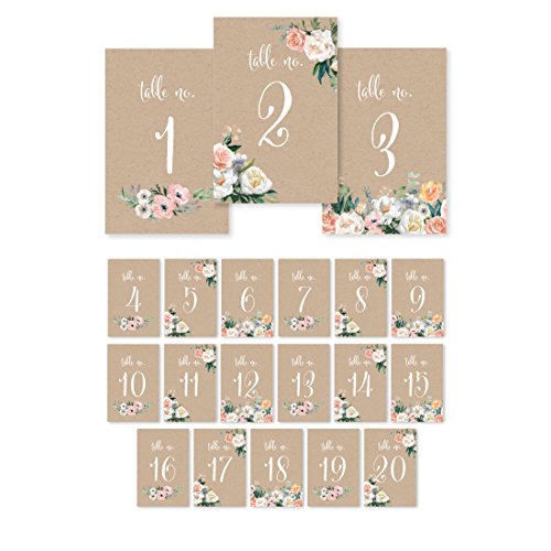 Andaz Press Peach Coral Kraft Brown Rustic Floral Garden Party Wedding Collection, Table Numbers 1 - 20 on Perforated Paper, Single-Sided, 4 x 6-inch, 1 Set