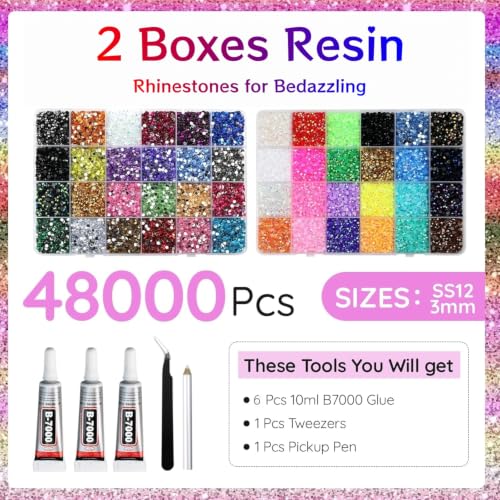 Chenghoo Bedazzling Kit 48000Pcs 48 Colors Resin Jelly Rhinestones, Multicolor 3mm Flatback Gems for Diamond Art, Bedazzler Kit with 6Pcs 10ml B7000 Jewelry Glue & Tools for Nail Art Crafting Makeup