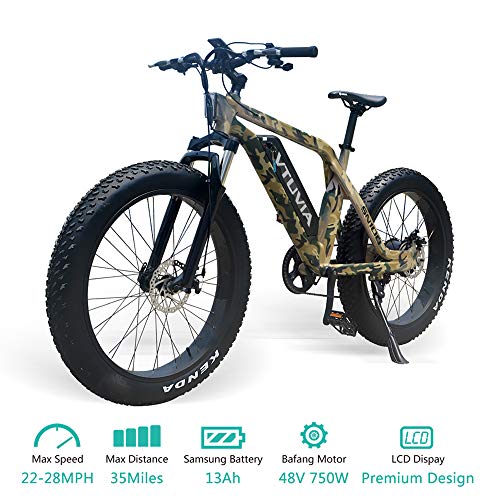 vtuvia Electric Bike Fat Tire Mountain E-Bike 26″ 48V Hunting Fishing Beach Electric Bicycle for Adults 750W High-Speed Brushless Rear Motor 13AH Removable Samsung Li-ion Battery (Camouflage)