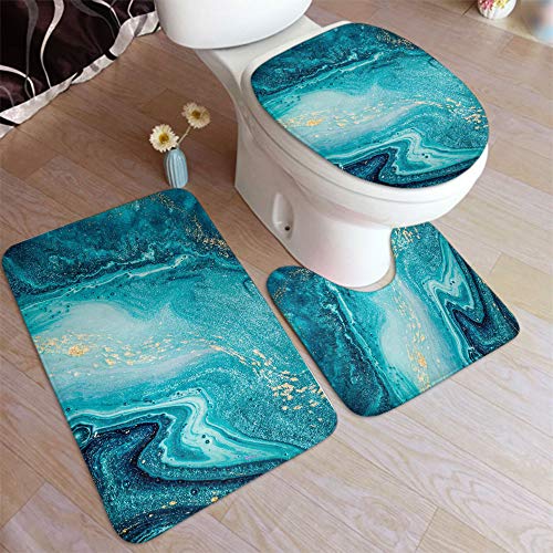 Marble Bathroom Rug Set 3 Piece Luxury Ocean Art Agate Blue Paint Gold