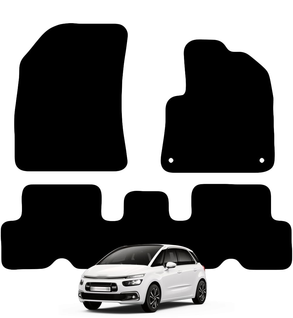 Carsio Carpet Car Mats For Citroen C4 Picasso 2014 onwards 3 Piece Set with 2 Clips Tailored Fit Floor Mat Complete Accessory Black Custom Fitted - All Weather, Anti-Slip Backing & Black Trim