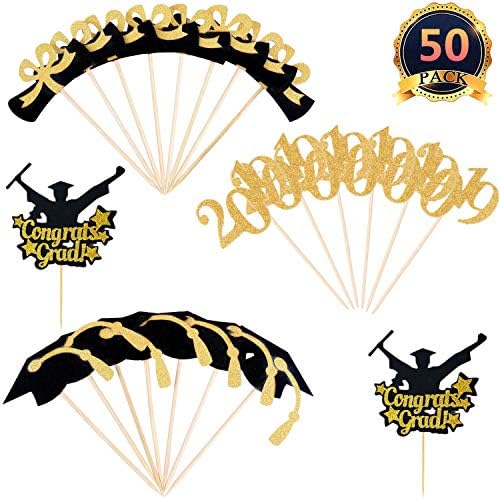 DaBuLiu 50 Pcs 2019 Graduation Cupcake Toppers - (Contains gold glitter powder),Graduation Party Mini Cake Decorations for Graduation Party.