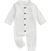 Emmababy Baby Boy Girl Button Jumpsuit Solid Baptism Romper Long Sleeve Collared Shirt Bodysuit Cotton Linen Pocket Playsuit