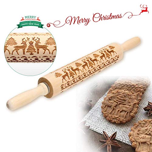 BOMEON Christmas Wooden Rolling Pins Engraved Embossing Rolling Pin with Christmas Symbols Deer for Baking Embossed Cookies Kitchen Tool (17"x 2")