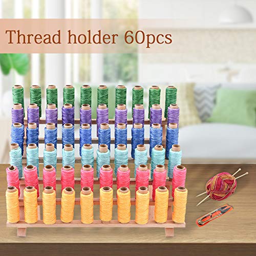 Thread Holder, 60 Spools Wooden Thread Rack with Needles Sewing Scissors Needle Threader for Sewing Organizer DIY Project and Craft Favor Embroidery Quilting Hair-braiding