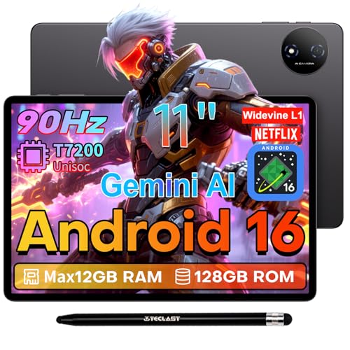 TECLAST P50T Tablet 11 Inch Android 16 Tablet 90Hz, 2GHz Octa-Core CPU, Gemini AI, 12GB RAM+128GB ROM(TF 5TB), 7000mAh, 5G WiFi, Widevine L1, GPS, 13MP+5MP/3.5MM/BT5/OTG, Tablets with Pencil, 2026
