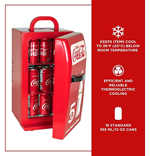 Coca-Cola Retro 18 Can Mini Fridge w/ 12V DC and 110V AC Cords, 22L (23 qt), Portable Cooler, Red, Travel Fridge for Drinks, Snacks, Lunch, Home, Office, Dorm Room, RV