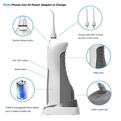 Water Flosser Cordless, THZY 4-Mode Professional Dental Oral Irrigator - Portable and Rechargeable IPX7 Waterproof Water Flossing with 4 Jet Tips for Home and Travel, Braces & Bridges Care