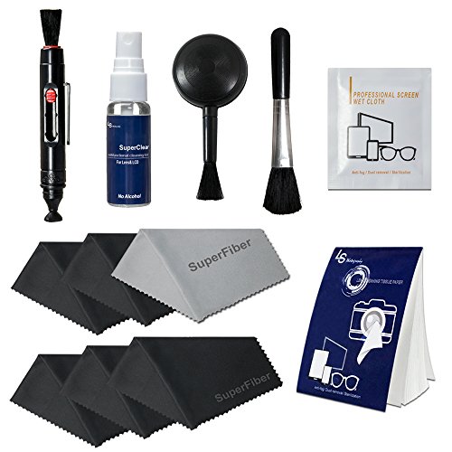 LS Photography Camera & Lens Cleaning Kit, Liquid Cleaning Agent, Air Blower, Brush, Black & Gray Cleaning Cloth, Lens Cleaning Paper Tissue Pack, Alcohol Wet Paper Wipe, LGG454