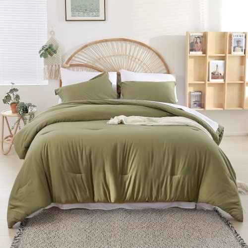 weigelia Queen Comforter Set 7PC Olive Green Bed Comforter Set - Boho Soft Microfiber Comforters Bed in a Bag for Women and Men Lightweight Fluffy Farmhouse Bedding for All Season