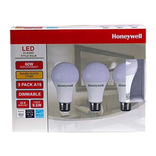 Honeywell A196027HB322 LED A19 Dimmable Light Bulbs - 60 Watt Equivalent -Soft White Light (2700K) - 800 Lumens - Energy Star Rating 9.5 Watt Consumption For Energy Bill Savings - 3-Pack