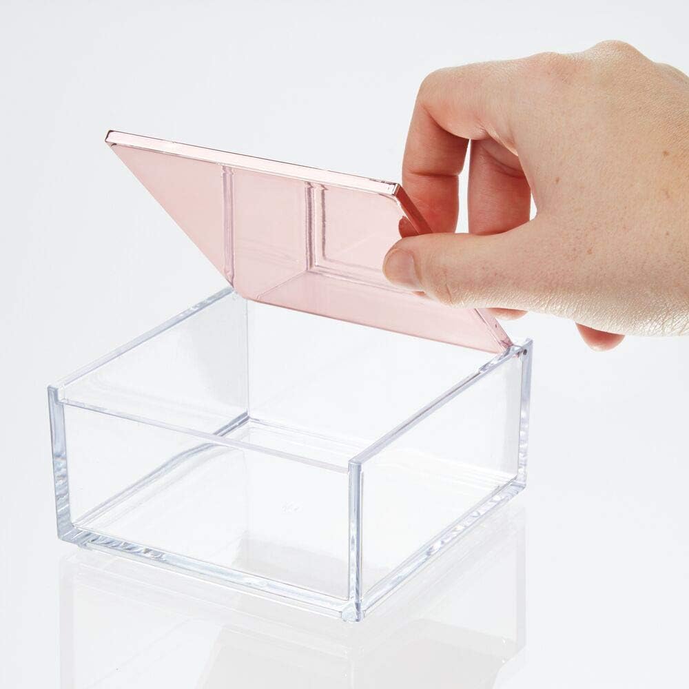 mDesign Mini Makeup Organizer Box with Decorative Lid for Bathroom Vanity Countertops, Cabinet - Store Lipstick, Lip Gloss, Blush, Concealer, Jewelry - Plastic, Clear/Rose Gold: Home & Kitchen