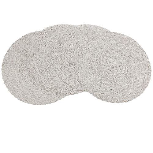 Topotdor Round 15 Inch Cotton Braided Placemats Heat-Resistant Stain Resistant Anti-Skid Washable Polyproplene Table Mats(Cream-White, Set of 6)