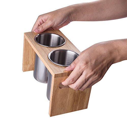 Flatware Organizer Caddy with Wood Base SUS304 Stainless Steel Cutlery Utensil Holder for Kitchen Countertop