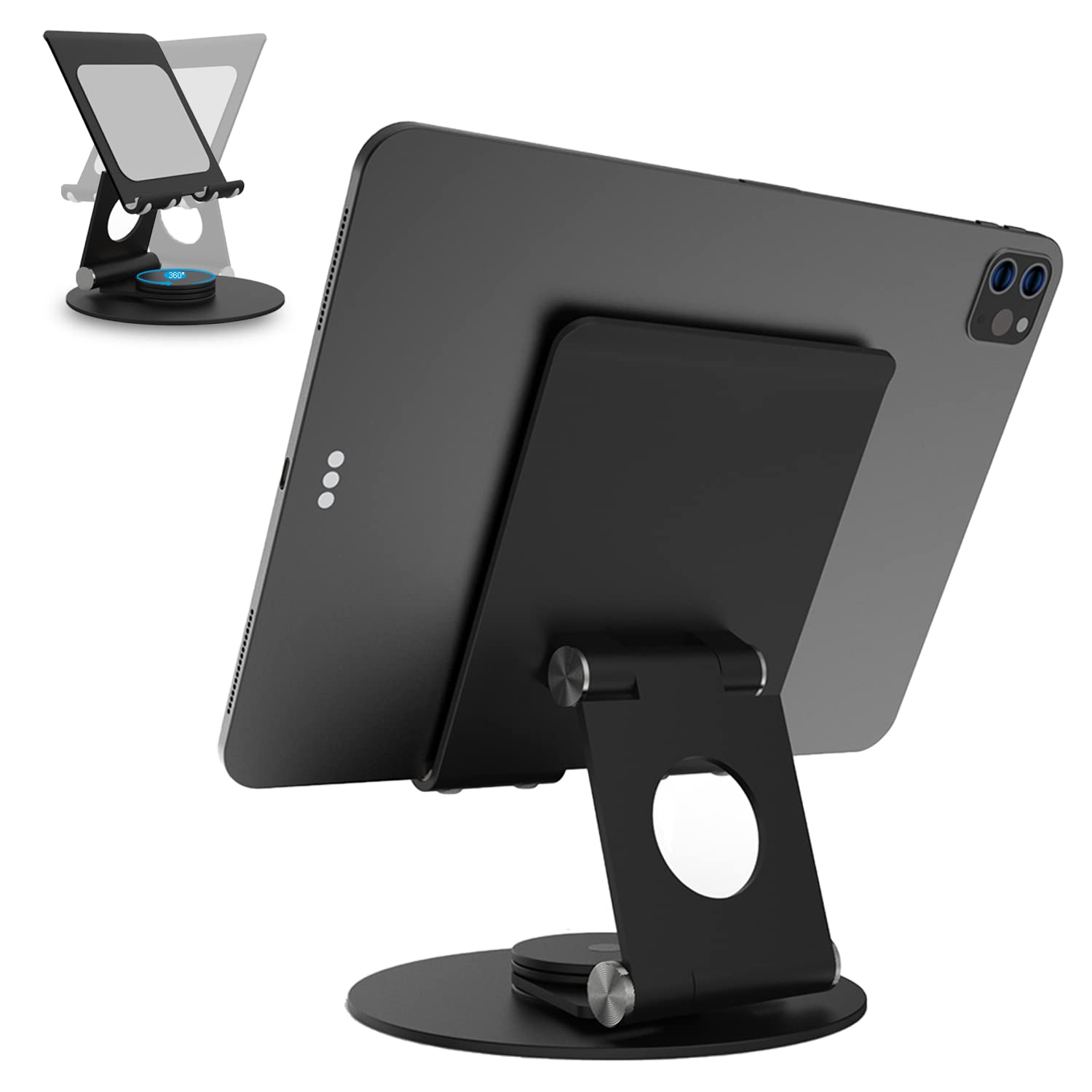 KABCON Swivel Tablet Stand, Aluminum Portable 360°Rotating Holder for Desk,Business,Kitchen,Desktop,Table Stand for iPad Pro 9.7,10.5,12.9/Air Mini,Tab,Fire,Nexus,E-Reader-Black