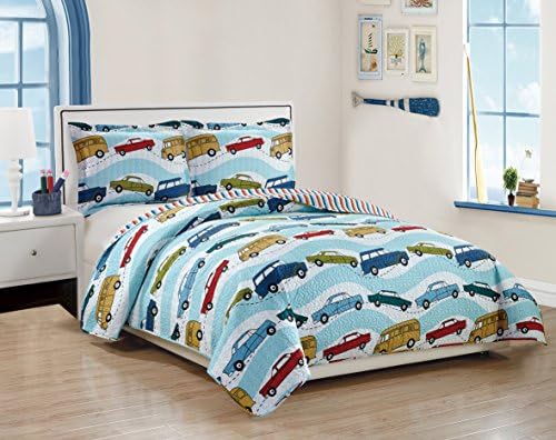 Dreamland Kids' Boys &amp; Girls Twin Size Polyester Reversible 2pc Bedspread Quilt Coverlet &amp; Pillow Sham (Traffic Jam)