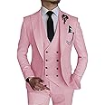 Wangyue 3 Piece Suit Slim Fit Men Suits Double Breasted Wedding Party One Button Blazer Jacket Vest Pants Sets Beige
