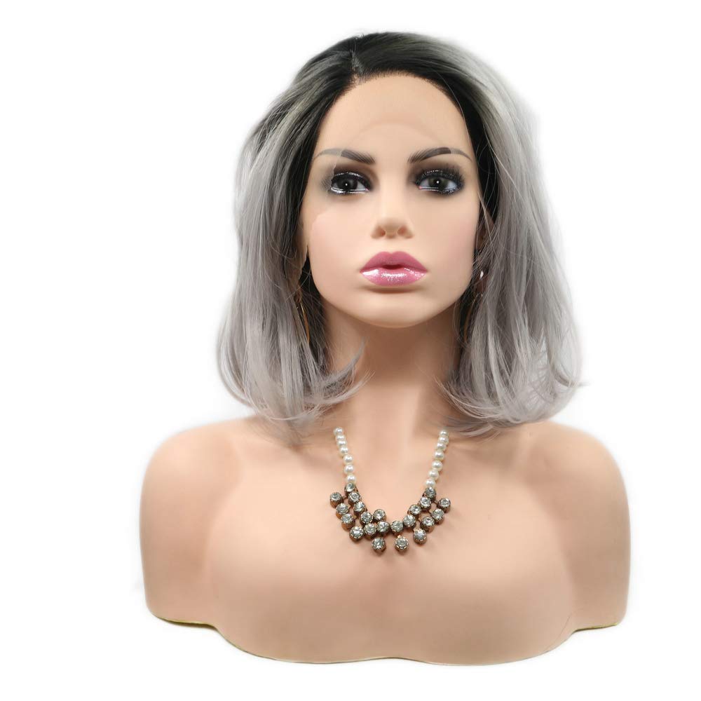 Heat Resistant Shoulder Length Synthetic Lace Front Wigs Short Bob Hair for Drag Queen Black Roots Ombre Grey Wig Summer Pastel Wig 14inches