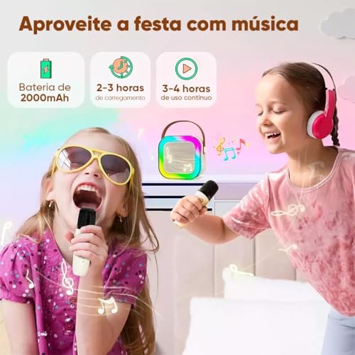 Karaoke Infantil Portátil com 2 Microfones Recarregável e Modos de Voz Divertidos - Diversão Musical para Crianças! (Rosa)