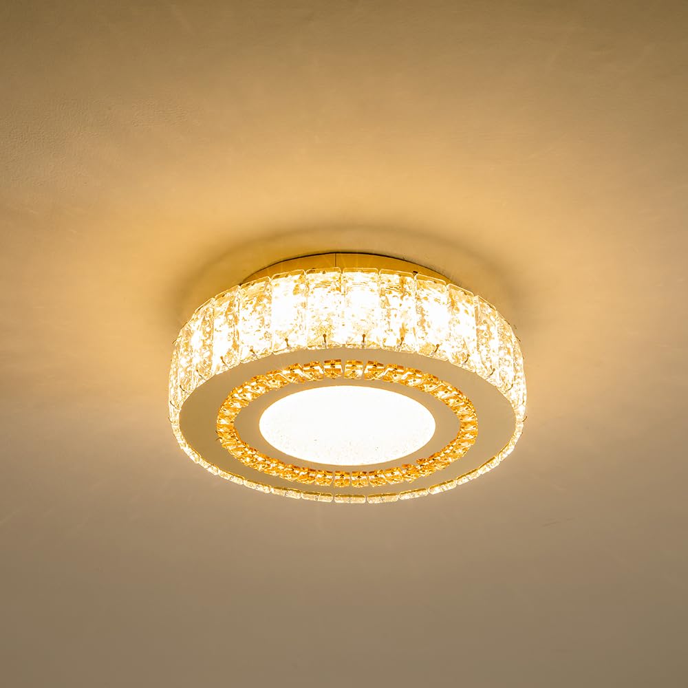 Photo 1 of Sedelan Crystal LED Ceiling Light Fixture, Modern Ceiling Lamp 12in Flush Mount for Living Room, Bedroom, Dining Room, Kitchen, Hallway, Foyer, 3/4/5000K, Dimmable, Gold