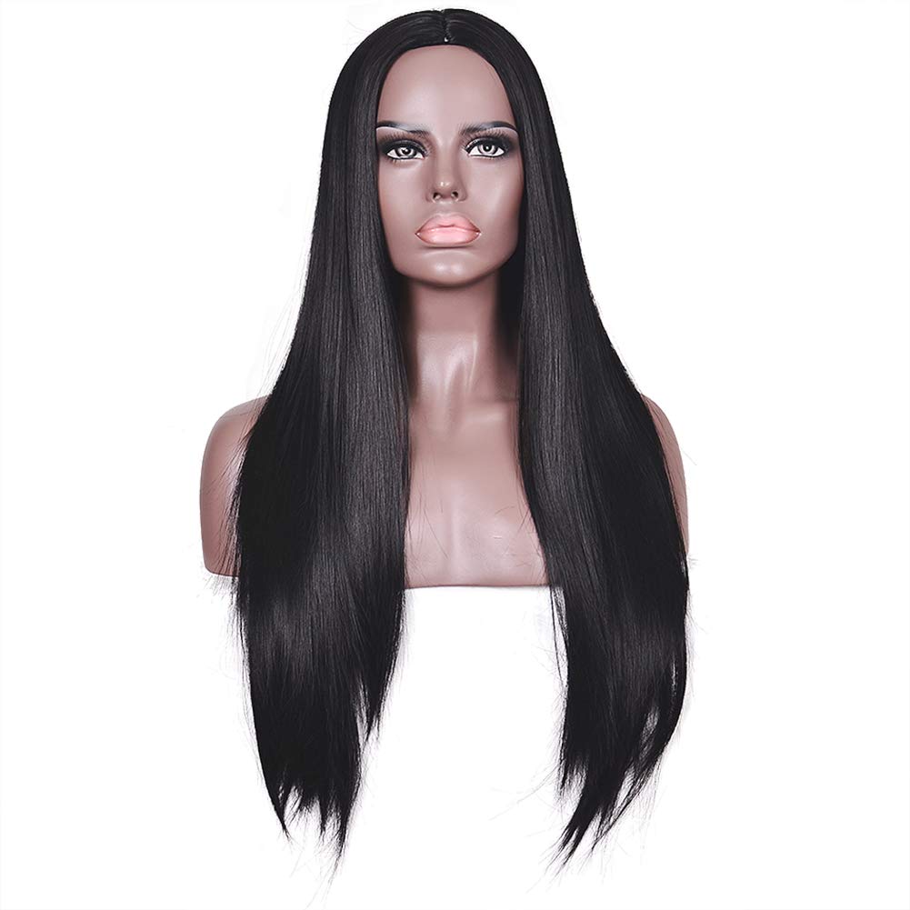 Deifor 28 inches Long Straight Middle Parting Natural Heat Resistant Replacement Hair Synthetic Wigs for Women Cosplay Party Daily Wear (1B# Black)