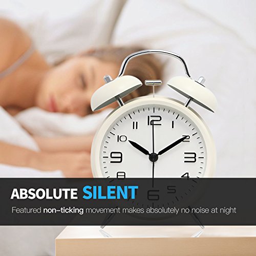 Betus Non-Ticking 4" Twin Bell Alarm Clock - Metal Frame 3D Dial with Backlight Function - Desk Table Clock for Home & Office - Milk White