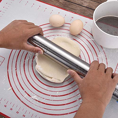 Rolling Pin,Roller for Baking with Silicon Baking Pastry Mat and Adjustable Tickness Rings, Non-Stick Mat with Measurements,Stainless Steel Rolling Pin 17 Inches for Pasta, Cookies, Pie, Pizza Dough