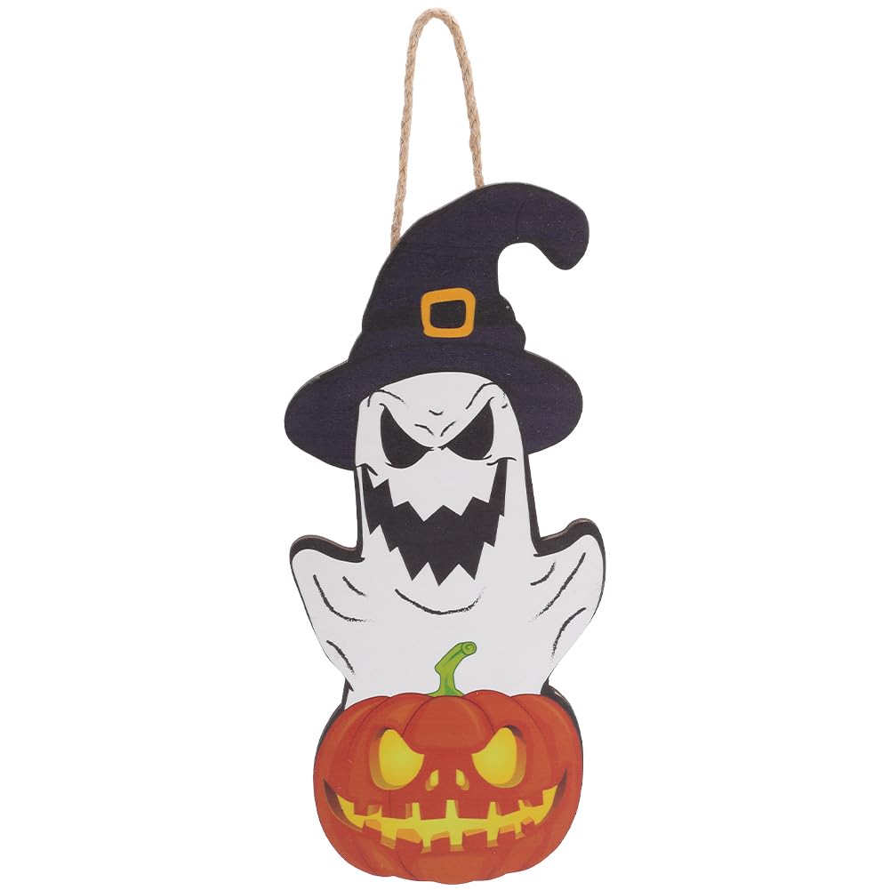 CREATCABIN Wood Halloween Sign Pumpkin Ghost Printed Wood Plaque Sign Plank Rustic Wall Art Hanging Ornaments Decorations for Entryway Home Housewarming Livingroom Outdoor Porch Yard 11.81x5.16in