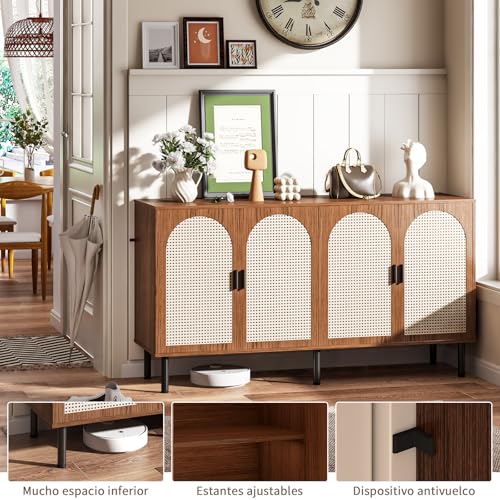 Simple Wisdom Alacenas para Cocina 1.2 M,Bufetera Mueble con 4 Puertas,Credenza Bufetera con 4 Puertas de Ratán Natural,para Cocina, Comedor, Sala de Estar. (Color Nogal)