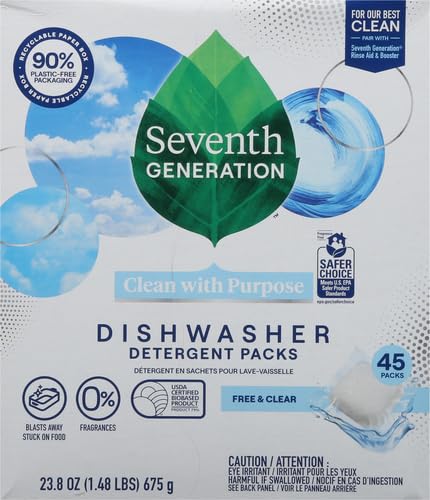 SEVENTH GENERATION DISHWASHER DETERGENT PACKS FREE & CLEAR FOR SPARKLING DISHES DISHWASHER TABS 45 COUNT