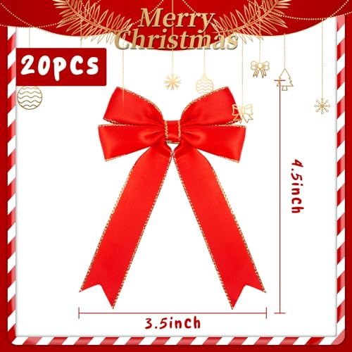 MCPINKY 20PCS Christmas Red Ribbon Bows, Red Satin Bows for Crafts Pre-Made Bows Gift Bows for Christmas Tree Wreath Treat Bags Wine Bottle Hair Band