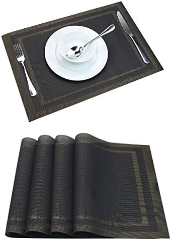 Moxinox Placemats Set of 4, PVC Woven Vinyl Washable Table Mats (4, Black)
