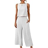 SOMTHRON Women's Linen 2 Piece Outfits Sleeveless Crop Top Wide Leg Pants Tracksuit Lounge Matching Sets