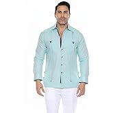 Mojito Collection Men's 100% Linen Guayabera Shirt Long Sleeve with Print Trim Accent