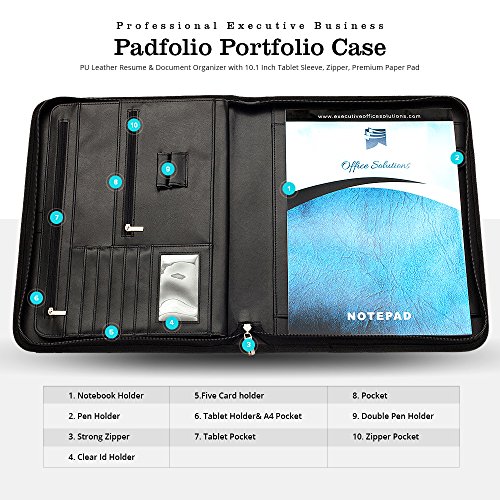 Professional Executive Business Padfolio Portfolio Case - PU Leather Resume & Document Organizer with 10.1 Inch Tablet Sleeve, Zipper, Premium Paper Pad - Deluxe Edition Black - Thumbnail 6