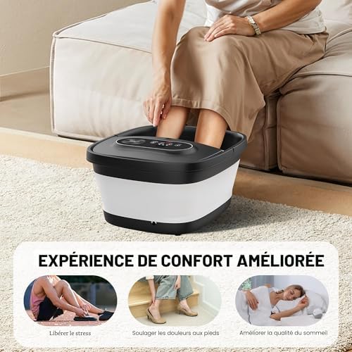 Bain de Pieds Pliable avec Chauffage et Massage, Spa Pour Pieds avec 14 Niveaux de Chauffage | Rouleaux Shiatsu | Bulles | Lumière Rouge | Minuterie, Massage Pieds Spa 35℃-48℃