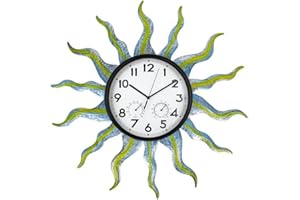 HOBYLUBY 24'' Large Outdoor Clock with Thermometer & Humidity, Sun Outdoor Wall Clock Silent No-TickingOutside Clock for Patio, Living Room, Kitchen (Blue)