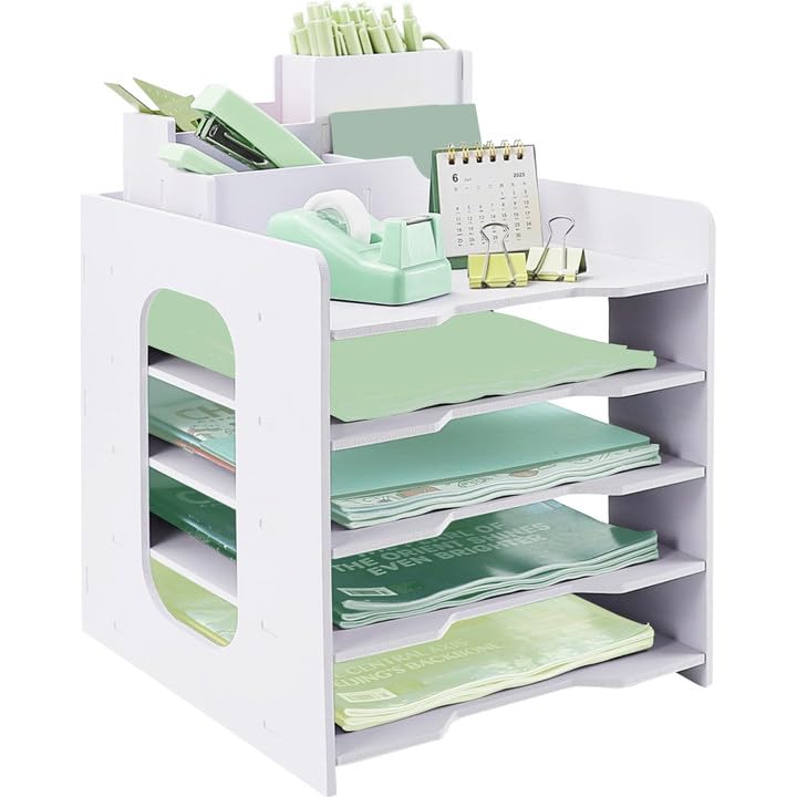 IOUGDSEC Letter Tray Desk Organiser with Filing Trays, 5 Tier Paper File Tray with Pen Holder For Office Desk, A4 Desk Tidy Organiser File Document Holder For Office Home School, White