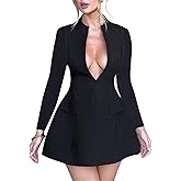 QNI Black Deep V Neck Long Sleeve Zipper Back Sexy Slim fit Mini Dress Women Summer Fashion Clothes Party Night Club Dress (Black,Small)