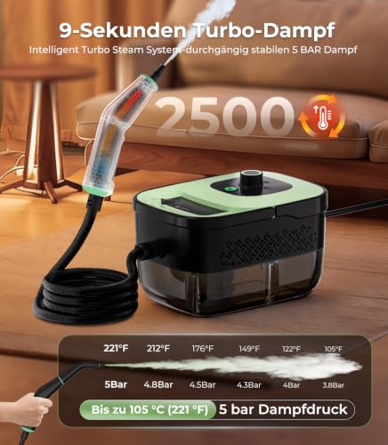 GZCHENHAO Handheld Steam Cleaner with 18-Piece Accessories, 2500W & 9s Turbo Steam with 5 Bar Pressure - 99.99% Cleaning & 100% Natural, Steam Cleaner for Floor, Kitchen, Bathroom, Window, Upholstery