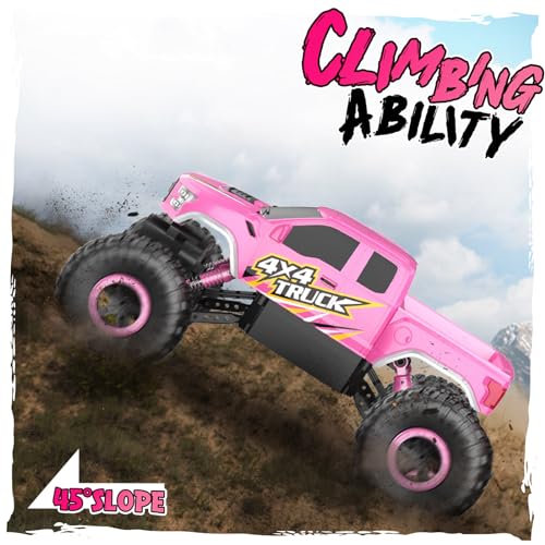 Double E Raptor F150 RC Car 4WD 2 Motors Monster Trucks for Girls, 11 Inches Off Road Crawler Vehicle Truck Toy with Rechargeable Battery Gift for Kids 6 7 8 9 10 11 12 Years-Pink